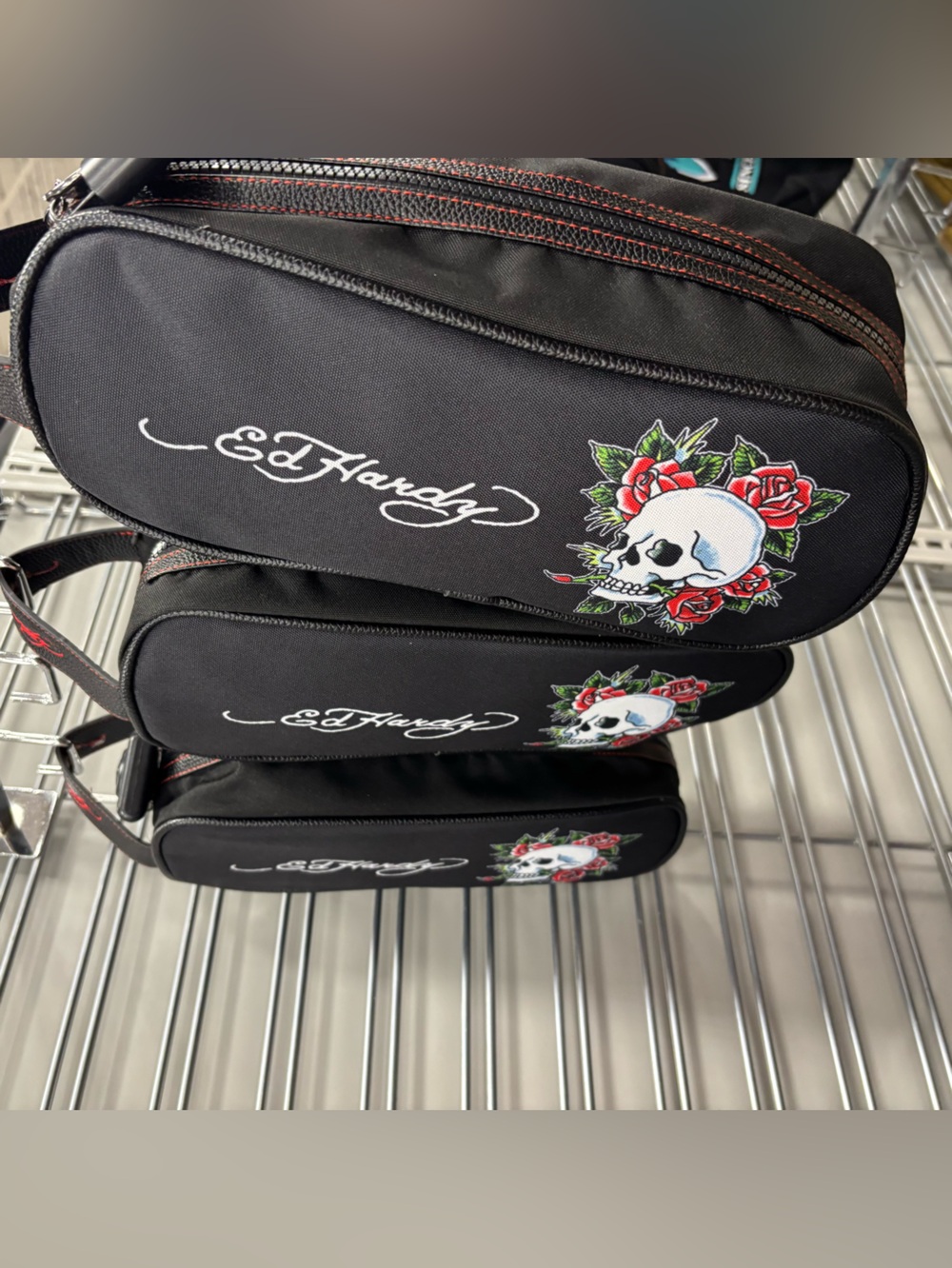 Ed Hardy Black Toiletry Sling with Skull & Red Rose Graphic